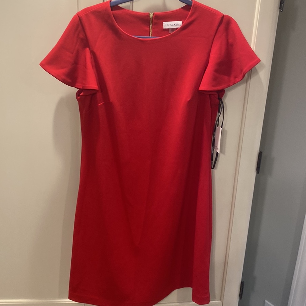 Calvin Klein Flutter Sleeve A-Line Mini Dress. Red. Size 12